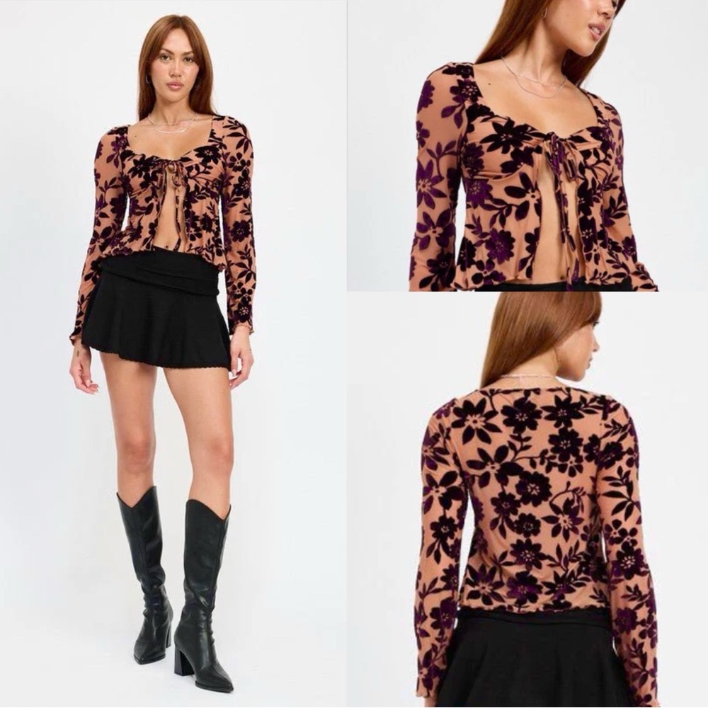 NWT Emory Park Floral Print Sweetheart Neckline Tie-Front Top